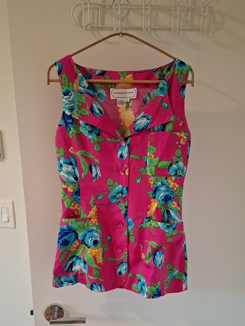 Vintage 100% Silk Vivid Pink & Blue Floral Button-through Hip-length Blouse (S)